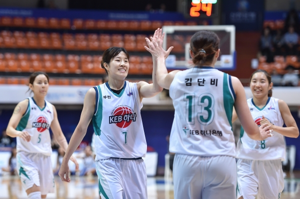 승리한 뒤 기뻐하는 여자프로농구 부천 KEB하나은행 선수들 [뉴시스]