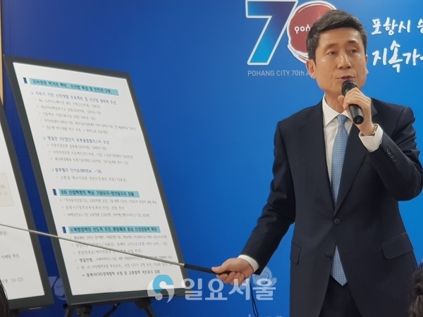 이강덕 포항시장이 2일 신년기자회견을 열고 2019년 시정목표를 ‘지속가능한 환동해중심도시 포항’을 만들어가겠다는 계획을 설명하고 있다.