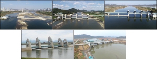 왼쪽부터 금강 세종보·공주보·백제보. 아래 왼쪽부터 영산강 승촌보·죽산보. [사진=환경부 제공]