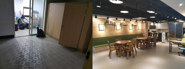 리모델링을 통해 치매 친화적 환경으로 재탄생한 ‘금천구치매안심센터’ 6층 가족카페 모습(사진. 왼쪽 공사 전, 오른쪽 공사 후)