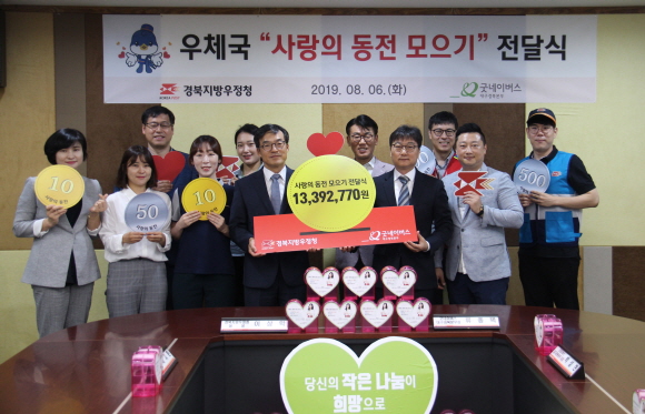 경북지방우정청 이상학 청장(가운데 왼쪽)은 6일 오전 우정청 9층  소회의실에서 대구·경북지역 382개 우체국에서 모은 성금을 굿네이버스 대구경북본부 류종택 본부장(가운데 오른쪽)에게 방학교실 저소득가정 아동 급식 및 교육, 정서지원금으로 전달하였다.