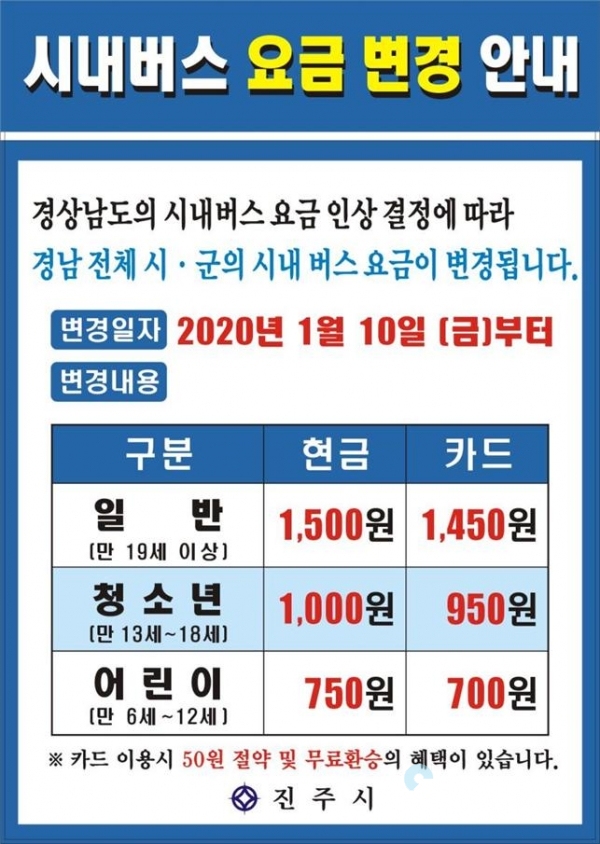 시내버스 요금 안내문 @ 진주시 제공