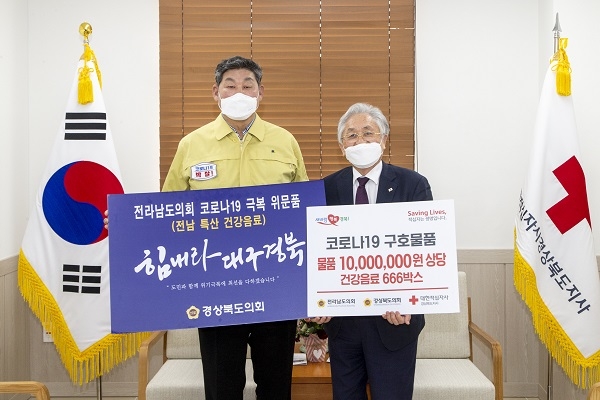 경북도의회 통해 국․내외 6개 전국시도의회 성금품 속속 답지(좌측 장경식 의장, 우측 류시문 대한적십자 경북지사장).