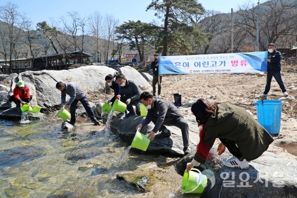함양군은 18일 오전, 안의면 농월정 인근 남강천에 은어 어린물고기 2만 마리를 방류했다 @ 함양군 제공