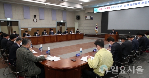 16일 군은 이재근 군수를 비롯한 전 간부공무원이 참석한 가운데 ‘코로나19 극복 민생경제 종합대책 추진 보고회’를 가졌다. @ 산청군 제공