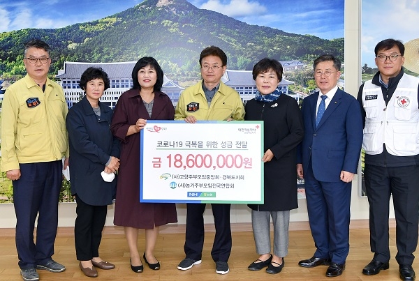 (사)고향을생각하는주부모임경북도지회와 (사)농가주부모임경북도연합회가 회원들이 자발적으로 모은 성금 18백 6십만원을 경북도에 전달했다.