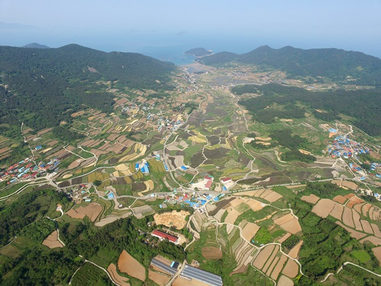 청산 동부권 구들장논 전경
