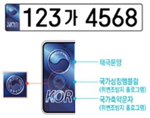▲위조 방지 홀로그램과 빛 반사율이 높은 신소재를 적용한 ‘반사필름식 번호판’(사진제공=광주광역시)