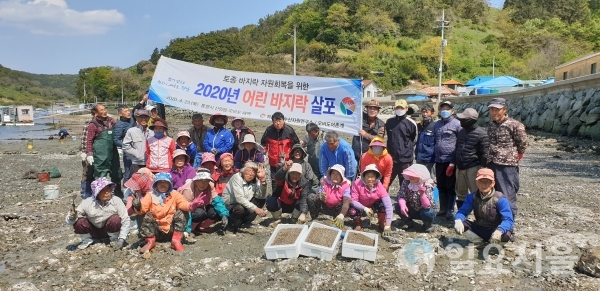 경상남도수산자원연구소가 23일, 통영 산양 오비도어촌계 마을 앞바다에서 토종 바지락 인공종자(각장 0.3~1.0㎝)를 200만 마리를 시험살포 했다. @ 경상남도 제공