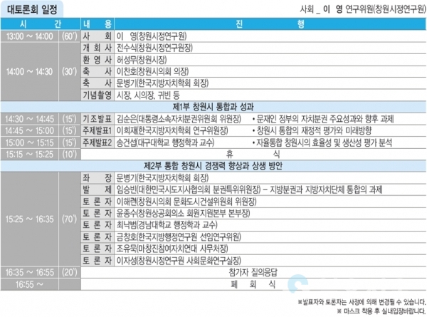창원 통합 10년의 평가와 도약을 위한 대토론회 일정 @ 창원시 제공