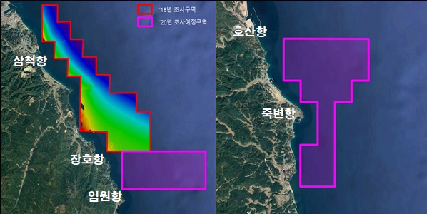 조사 구역도.(좌 삼척부근, 우 울진부근)