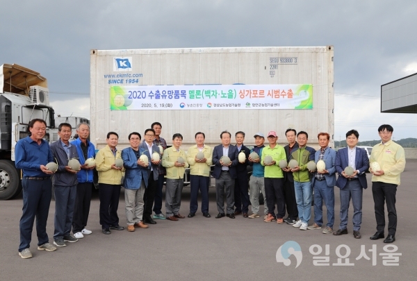 함안군은 지난 19일 오후 2시, 가야농협 농산물산지유통센터에서 함안 멜론의 해외시장 진출가능성 진단을 위한 싱가폴 시범수출 선적식을 가졌다. @ 함안군 제공