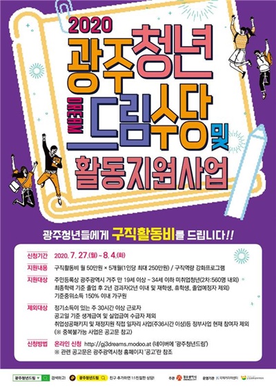▲2020광주청년드림수당 및 활동지원사업 포스터(사진제공=광주광역시)