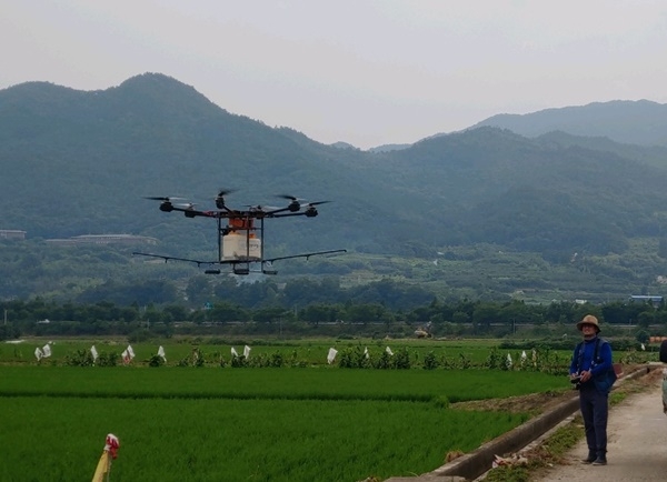 전남 구례군은 벼 친환경농업단지에 대해 친환경제제 공동살포를 진행하고 있다.