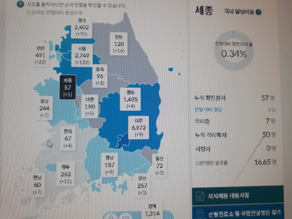 세종지역 확진자 현황