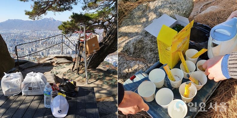 (좌) 산 정상에서 먹는 점심 도시락 (우) 발전기에서 끓인 물로 타먹는 커피 [사진=김혜진 기자]
