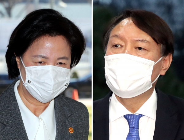 추미애(왼쪽) 법무부 장관이 국무회의에 참석하기 위해 1일 오전 서울 종로구 정부서울청사에 들어서고 있고, 직무에 복귀하는 윤석열 검찰총장이 같은 날 오후 서울 서초구 대검찰청으로 출근하고 있다. 2020.12.01. [뉴시스]