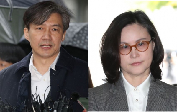 조국 전 법무부 장관이 지난해 12월26일 서울동부지방법원에 구속 전 피의자 심문(영장실질심사)을 받기 위해 출석하고 있다(왼쪽). 정경심 동양대 교수가 23일 서울중앙지방법원에 구속 전 피의자심문을 받기 위해 출석하고 있다(오른쪽). [뉴시스]