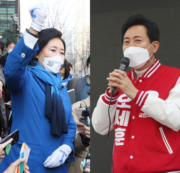 서울시장 재보궐선거에 출마한 박영선(왼쪽) 더불어민주당 후보와 오세훈 국민의힘 후보가 25일 오전 구로역과 응암역에서 각각 선거 유세를 하며 지지를 호소하고 있다. [뉴시스]