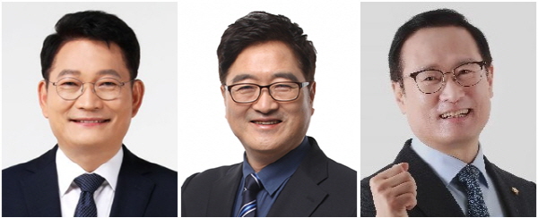 민주당 당대표 후보로 15일 공식 출마 선언한 (좌측부터) 송영길, 우원식, 홍영표 민주당 의원 [뉴시스]