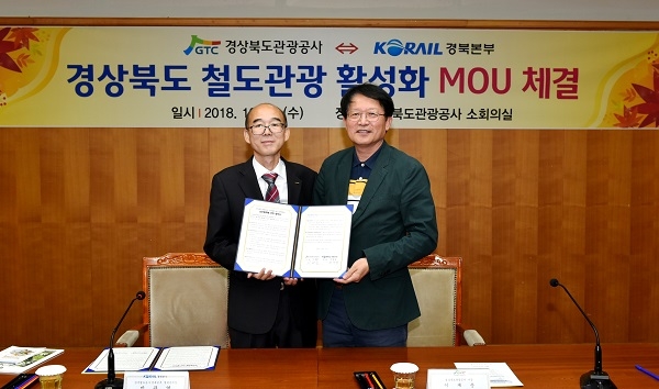 이재춘 경북관광공사 사장대행(오른쪽)이 17일 한국철도공사 경북본부와 업무협약을 맺고 기념사진을 찍고 있다.