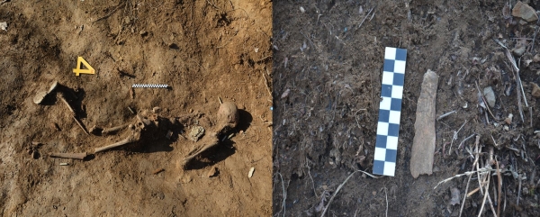 강원 철원군 화살머리 고지 일대에서 5구의 유해가 추가로 발견됐다. 사진은 완전 유해로 발견된 5번째 유해(왼쪽)와 6번째 발견된 유해의 정강이뼈(오른쪽). [국방부]
