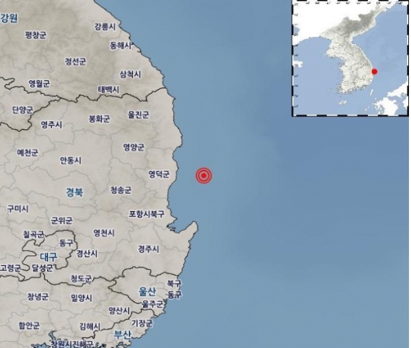 5일 오전 8시 1분경 경북 영덕군 동쪽 23km 해역에서 규모 2.1의 지진이 났다. [사진=대구기상지청 제공]