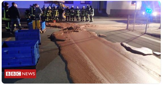 지난 10일(현지시간) 독일 도르트문트 인근 베를 지역에서는 초콜릿 공장의 저장 탱크에서 1t 상당의 밀크 초콜릿이 유출되는 사고가 발생했다. [BBC 트위터 계정 캡처]