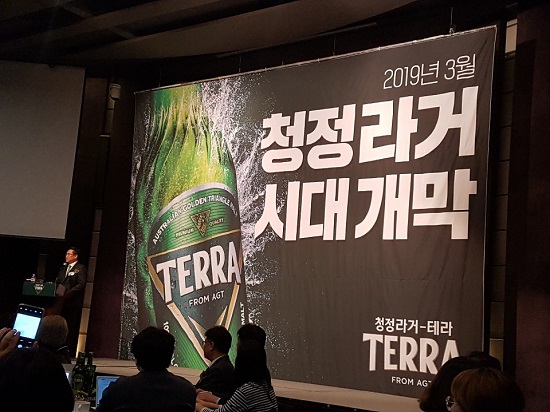 김인규 하이트진로 대표이사가 13일 웨스턴조선호텔에서 기자간담회를 열고 신제품 '테라'에 대한 설명을 하고 있다.