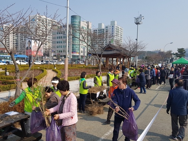 지난해 영일대광장에서 개최된 생명의나무 나누어주기 운동 행사 모습.