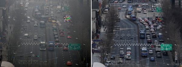 미세먼지 농도가 좋음에서 보통으로 예보된 지난 13일 서울 종로구 일대가 맑은 모습(오른쪽)을 보이고 있다. 왼쪽은 미세먼지 비상저감조치가 발령된 지난 5일 같은 장소의 모습. [뉴시스]