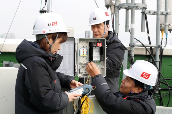 지난 2월 21일 KT 직원들이 5G 네트워크에 ‘5G MUX’와 25G 광모듈을 구축하고 시험하고 있다. (사진-KT)