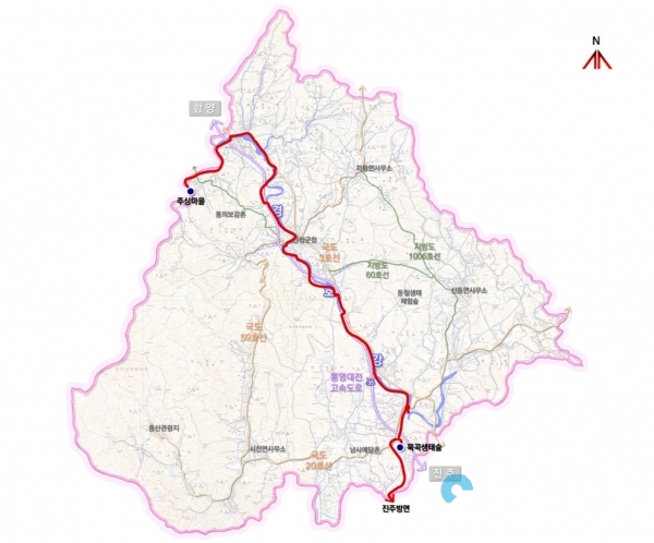 산청군 경호강 100리 자전거도로 연결사업 계획안 지도 이미지     © 산청군 제공
