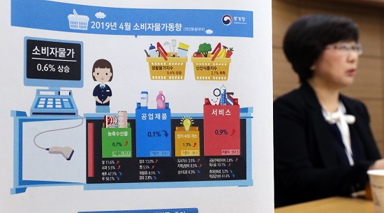 김윤성 통계청 물가동향과장이 지난 2일 오전 정부세종청사에서 4월 소비자물가지수는 104.87로 전월대비 0.4%, 전년동월비 0.6% 각각 상승했다고 밝히고 있다. [뉴시스]
