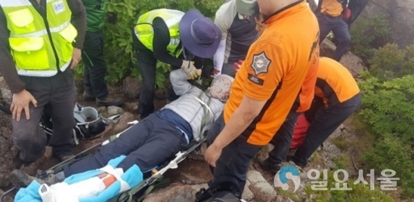 하동소방서 하산 중 발목 부상한 등산객 구조