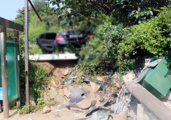 지난 4일 오후 2시 38분경 부산 기장군의 한 도로를 달리던 에쿠스 차량이 마을회관 앞 전신주를 들이받는 사고가 발생, 동승자 1명이 숨지고 운전자 등 2명이 다쳤다. [사진=부산경찰청 제공]