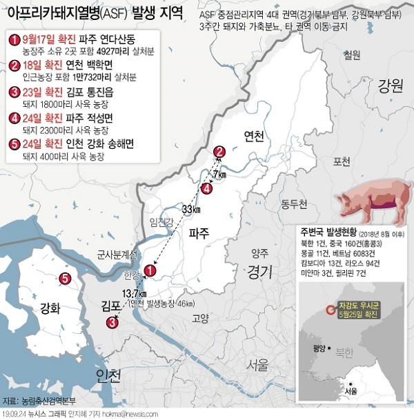 농림축산식품부는 지난 24일 인천 강화군 송해면 소재 돼지 농장에 대한 아프리카돼지열병(ASF) 정밀 검사를 진행한 결과 확진 판정이 났다고 밝혔다. [뉴시스]