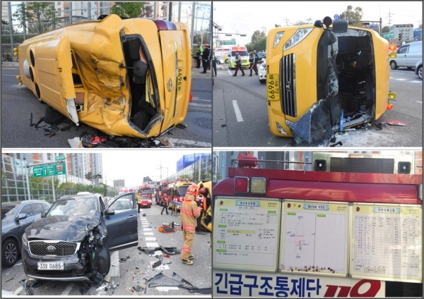 지난 25일 오전 7시 24분경 서울 송파구 방이동에서 고등학교 통학버스가 승용차와 충돌하는 사고가 발생했다. 이 사고로 버스에 타고 있던 운전자와 학생 등 모두 12명이 병원으로 옮겨졌다. [사진=소방청]