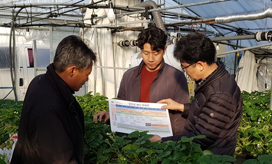 전남 강진서 제작한 ‘딸기재배력’을 농민에게 설명하고 있다.