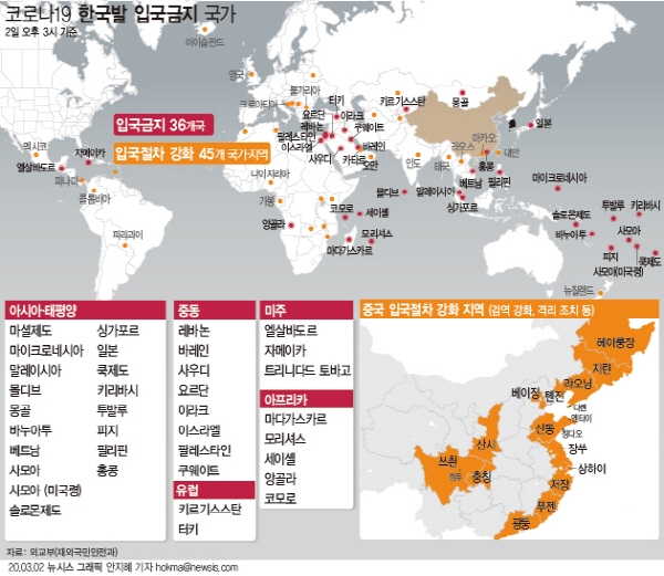 지난 2일 오후3시 기준 외교부가 밝힌 한국발 입국 금지 국가 그래픽. [뉴시스]