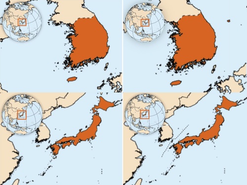 서경덕 성신여대 교수가 세계보건기구(WHO)에 홈페이지 상 한국·일본 지도 수정을 요청했다고 10일 밝혔다. 왼쪽 상단은 현재 WHO 홈페이지 상 한국 지도, 오른쪽 상단은 울릉도와 독도를 표기해 수정 요청한 지도. 왼쪽 하단은 현재 WHO 홈페이지 상 일본 지도, 오른쪽 하단은 구분선을 넣어 수정한 일본 지도. [서경덕 교수]