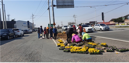 전남 영암군 신북면에서 새봄맞이 봄꽃을 식재하고 있는 모습