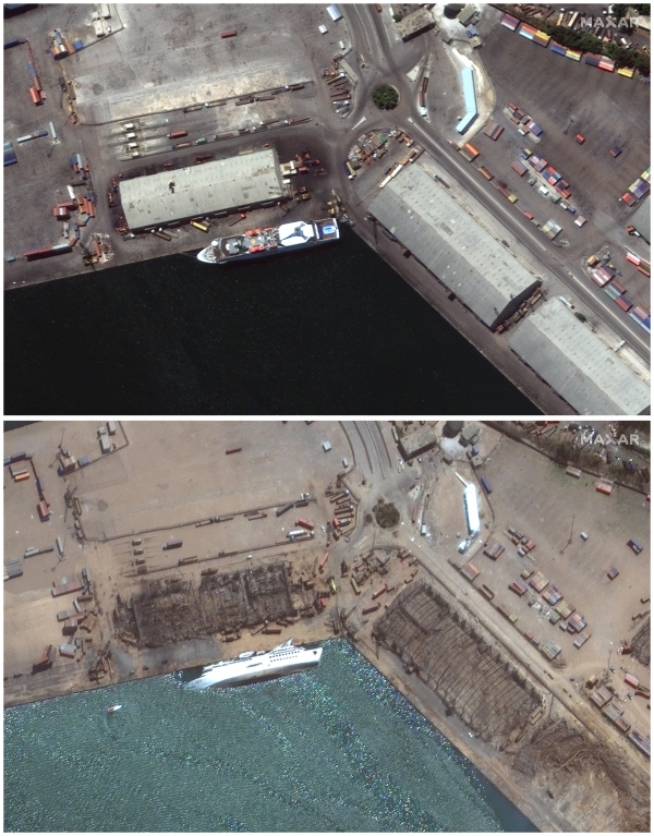 레바논 베이루트 항구 대규모 폭발 '전(7월 31일)과 후(8월 5일)' 차이. [베이루트=AP/뉴시스]