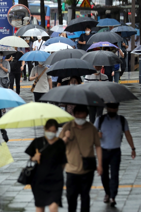 장맛비가 49일째 이어지고 있는 11일 서울 시청역 인근에서 시민들이 우산을 쓰고 출근하고 있다. 2020.08.11. [뉴시스]