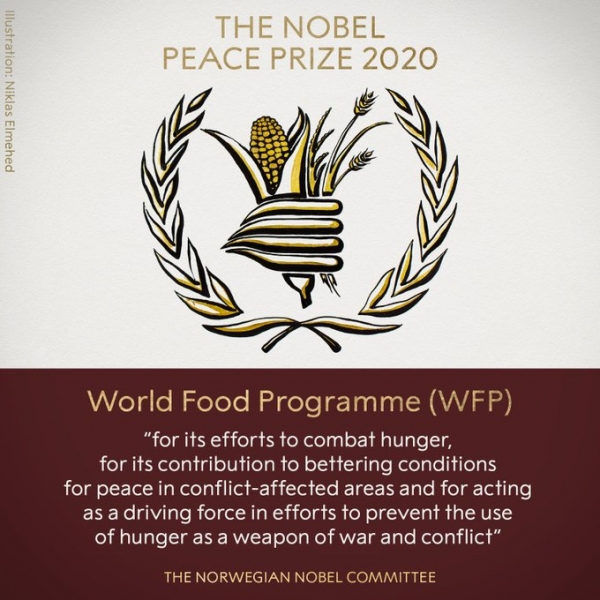노르웨이 노벨위원회는 9일(현지시간) 세계식량기구(WFP)을 노벨 평화상 수상자로 선정했다고 발표했다. 사진은 노벨위원회가 홈페이지에 게재한 그래픽. 2020.10.09[뉴시스]