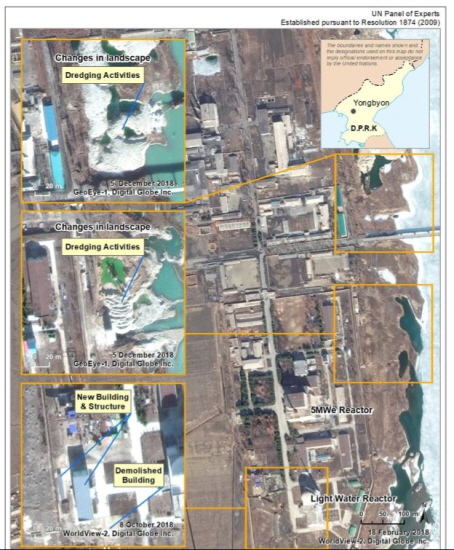 유엔 안보리 대북제재위원회 전문가 패널은 12일(현지시간)발표한 보고서에서 북한의 제재위반 행위가 여전히 일어나고 있다고 밝혔다. 사진은 영변 5MW 원자로의 활동을 포착한 것이다. 왼쪽 사진 맨 아래쪽에 새로운 건물이 들어서 있는 것이 보인다. 보고서는 영변 원자로가 지난 2018년 2월과 4월, 4월 중에는 며칠동안 운영을 멈췄다면서, 이는 시설 유지를 위한 활동으로 보인다고 밝혔다. 지난해 9월과 10월에도 약 2개월간 원자로 운영이 중단됐는데, 이 때 폐연료봉 인출이 이뤄졌을 수 있다고 지적했다. (출처=유엔 안보리 대북제제위 보고서 캡처). [뉴시스]