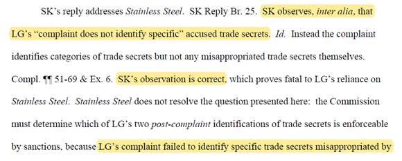 사진2-1. SK이노베이션은 ITC 판결문 내용을 발췌하며 “LG가 구체적인 영업비밀을 특정하지 못하고 있었음을 밝혔다”고 전했다.사진2-2. LG에너지솔루션은 ITC 의견서 내용을 발췌하며 “ITC는 SK가 침해한 LG의 영업비밀 11개 침해리스트를 확정했다”고 전했다.