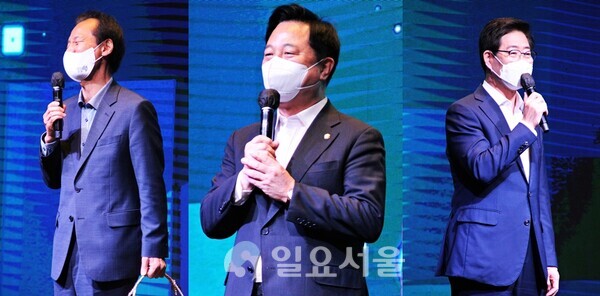 (왼쪽부터) 최문순 강원지사, 김두관 의원, 양승조 지사 [정두현 기자]