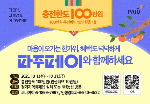 10월 추석 맞이 파주페이 충전한도 100만 원으로 상향