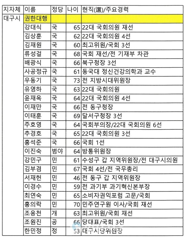 대구 제9회 전국동시지방선거 출마예상자